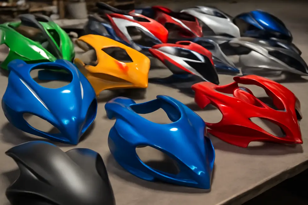 An assortment of aftermarket motorcycle fairings displayed together representing choices for motorcycle customization.