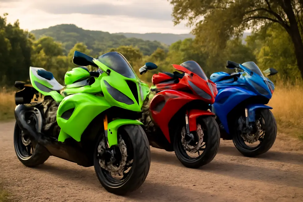 Group of motorcycles equipped with various colorful aftermarket fairings in an outdoor environment.