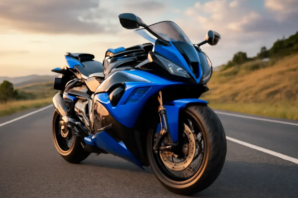 A motorcycle with upgraded Auctmart fairings showcased on a picturesque road, emphasizing aesthetic and performance.