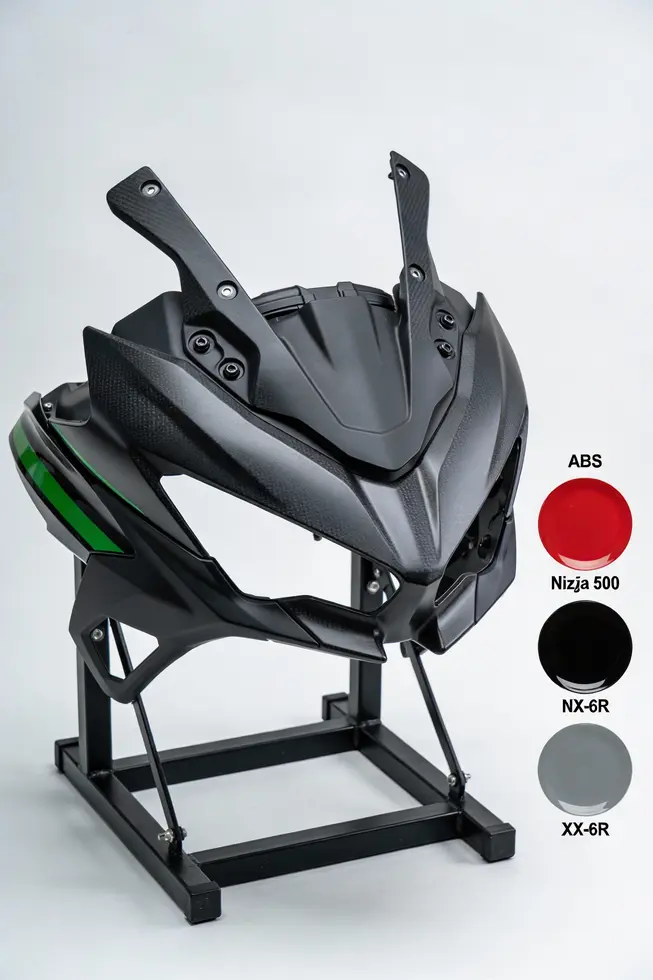 Chapter 1 image illustrating materials, direct replacement architecture, and pre-drilled fitment for Kawasaki fairings.