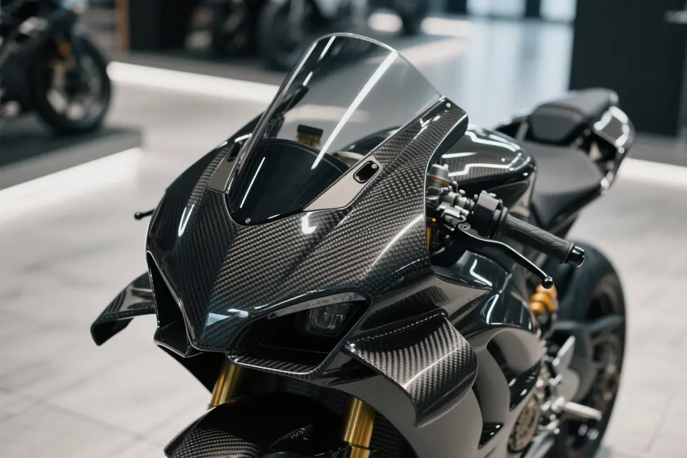 Showroom-ready motorcycle with carbon fiber fairings highlighting weave and finish.