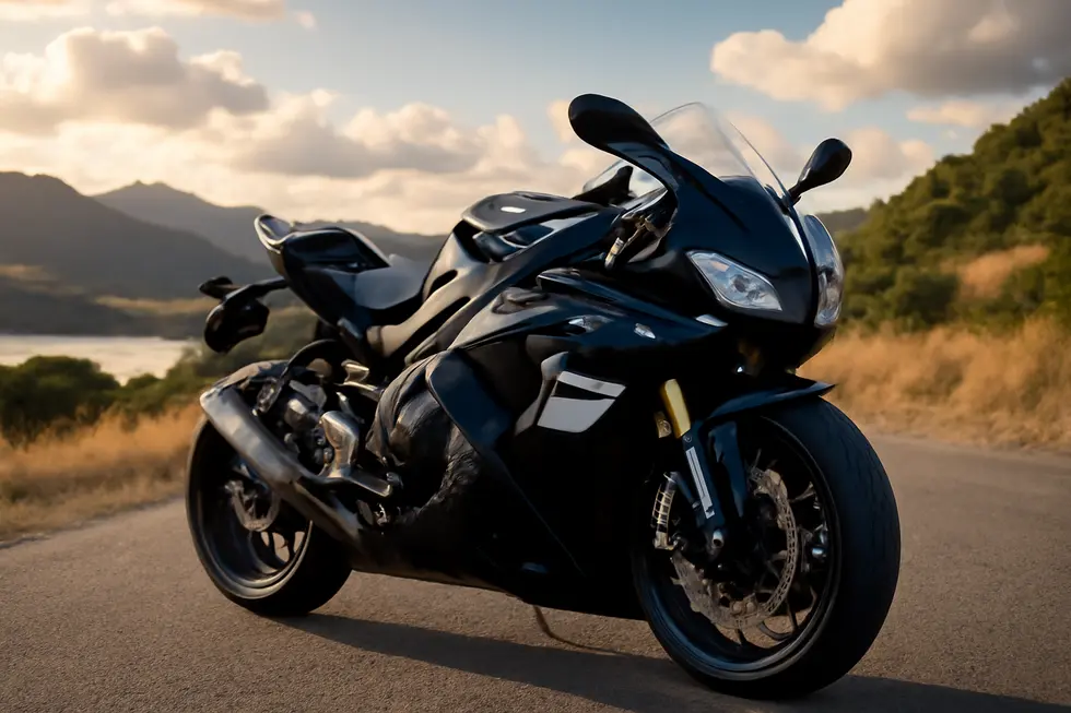 Motorcycle with elegant fairings against a scenic backdrop, illustrating the blend of style and functionality.