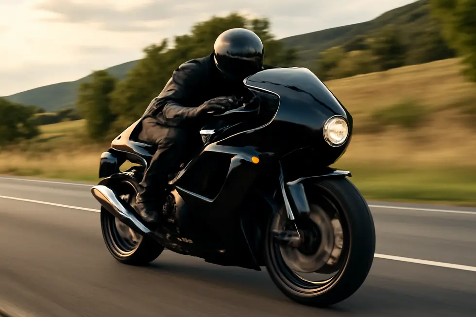 A contemporary motorcycle with aerodynamic fairings riding along a beautiful road.
