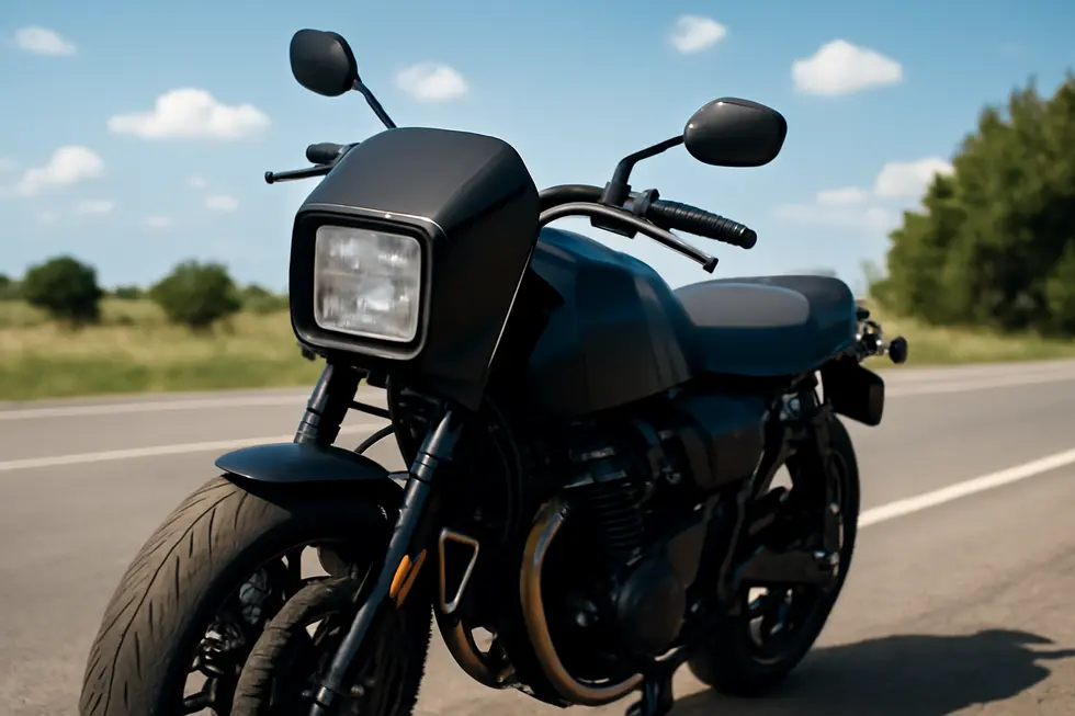 A motorcycle featuring a square headlight fairing in a dynamic outdoor setting.