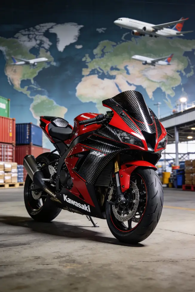 Kawasaki sport bike with aftermarket fairings in red and black, presented in a showroom setting
