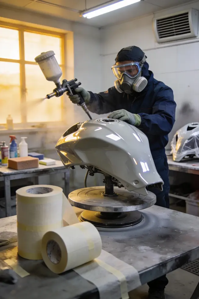 Photorealistic cover image of a motorcycle fairing repaint setup in a clean, well-lit workshop, highlighting prep, masking, and spraying equipment.