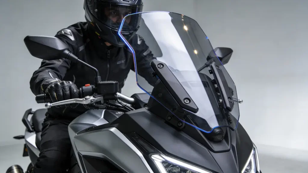 Sport-touring motorcycle with a large windshield mounted on a sculpted fairing, ready for highway performance.