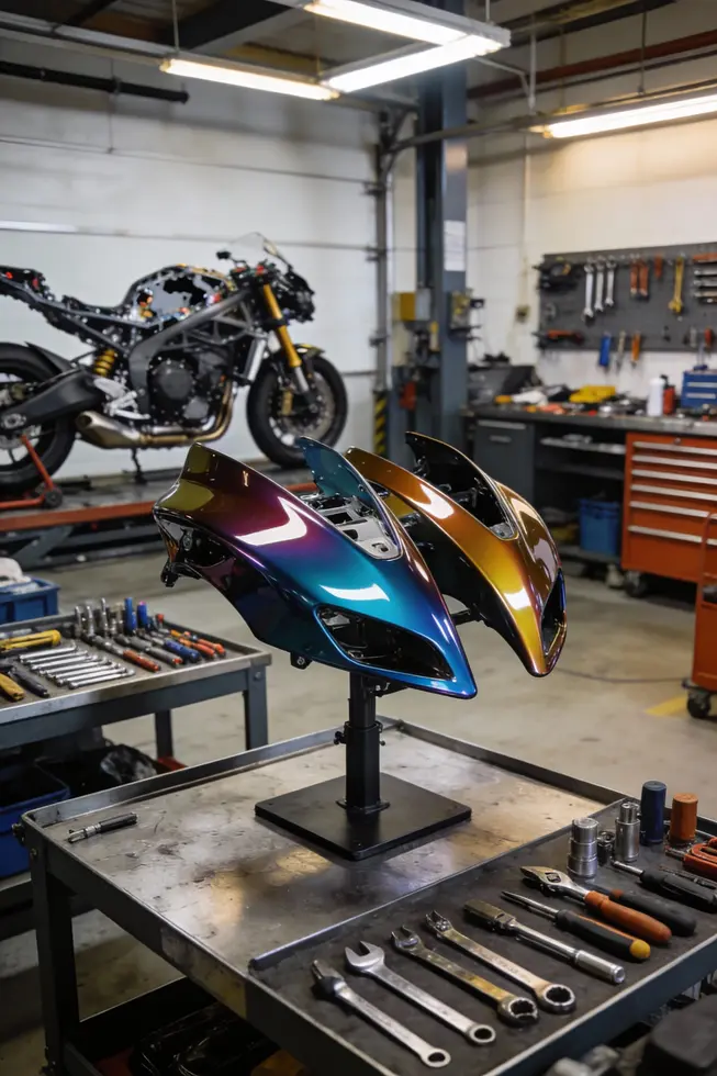 Photo-realistic cover image of glossy motorcycle fairings in a workshop, ready for installation.