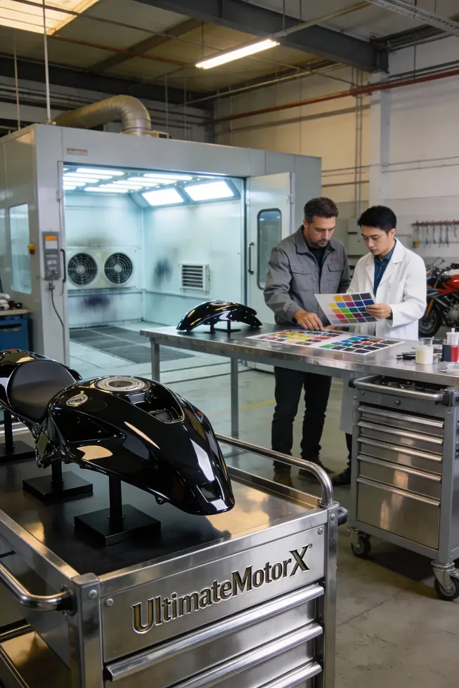 Cover image of a high-end motorcycle fairing shop with finished products and team collaboration.