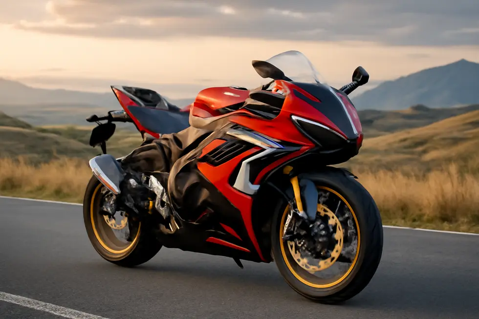 A custom-faired motorcycle posing in a beautiful outdoor setting, illustrating the connection between style and performance.