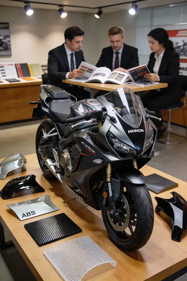 Honda motorcycle with a full fairing kit on display in a showroom, alongside material samples and a business team evaluating options.