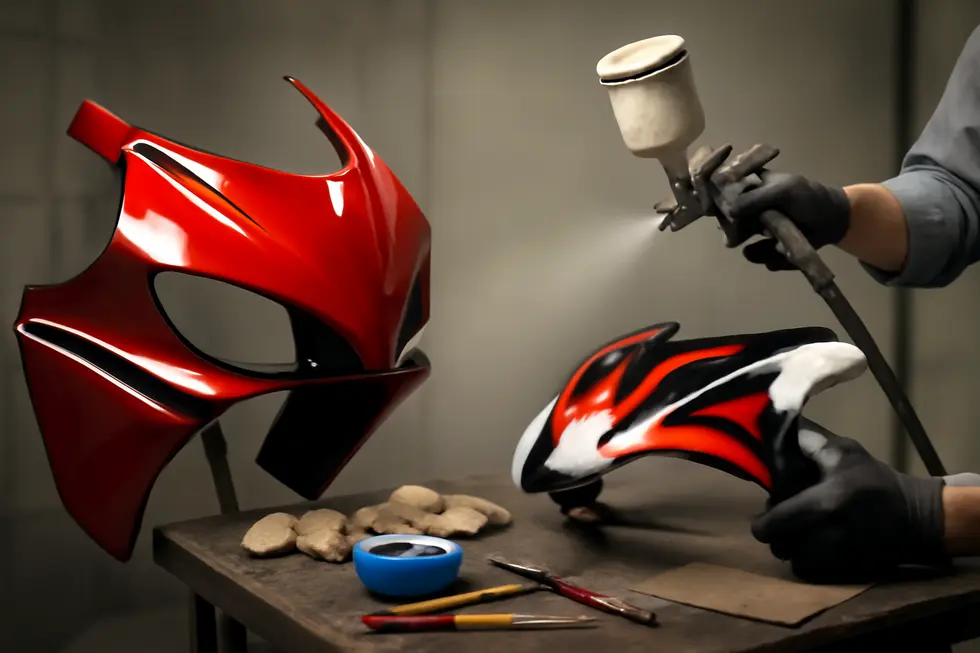 A detailed cover image illustrating the process and tools involved in painting motorcycle fairings.