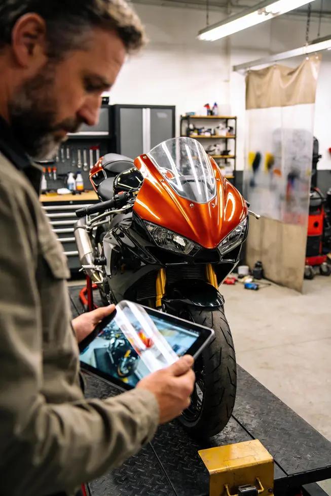 Close-up of a motorcycle fairing with a glossy repaint in a professional workshop setting.
