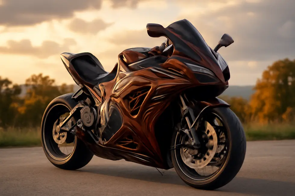 A custom motorcycle with distinctive fairings displayed in an attractive outdoor setting, emphasizing aesthetics and functionality.