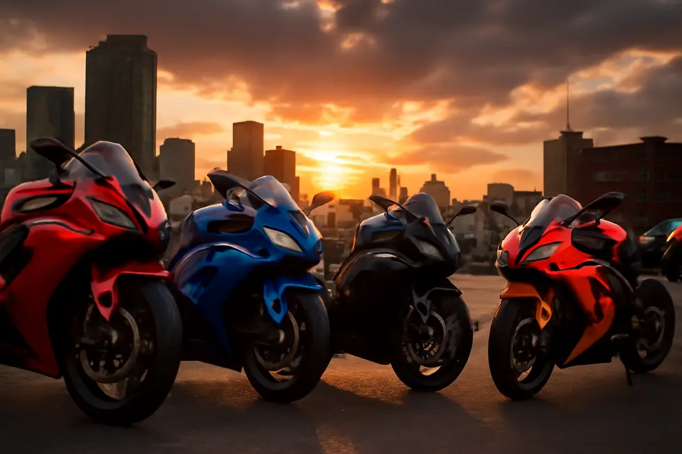 A lineup of motorcycles showcasing different fairing types in a vibrant city setting, representation of style and performance.
