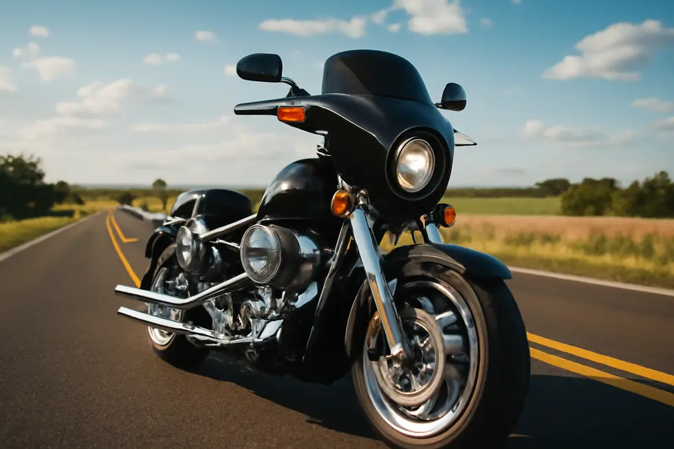 A Harley-Davidson Fat Boy motorcycle with a headlight fairing, showcasing its design and style while cruising on a scenic road.
