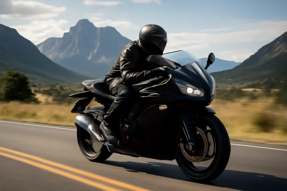 A motorcycle showcasing sleek fairings while cruising along a picturesque route with mountains in the background.