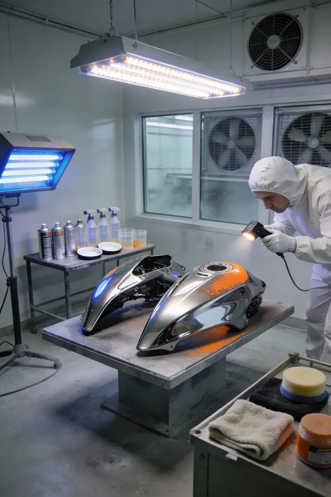 Technician performs thorough inspection and cleaning of a plastic fairing to identify scratches, cracks, and adhesion concerns before repaint.