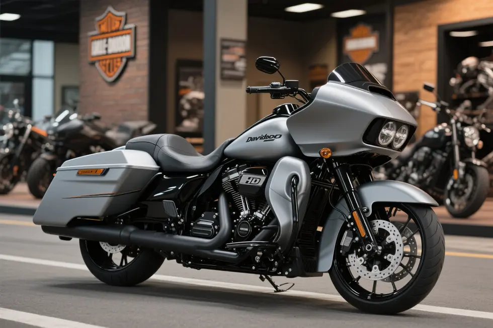 Harley-Davidson motorcycle with aerodynamic HD fairings in a showroom-style setting.