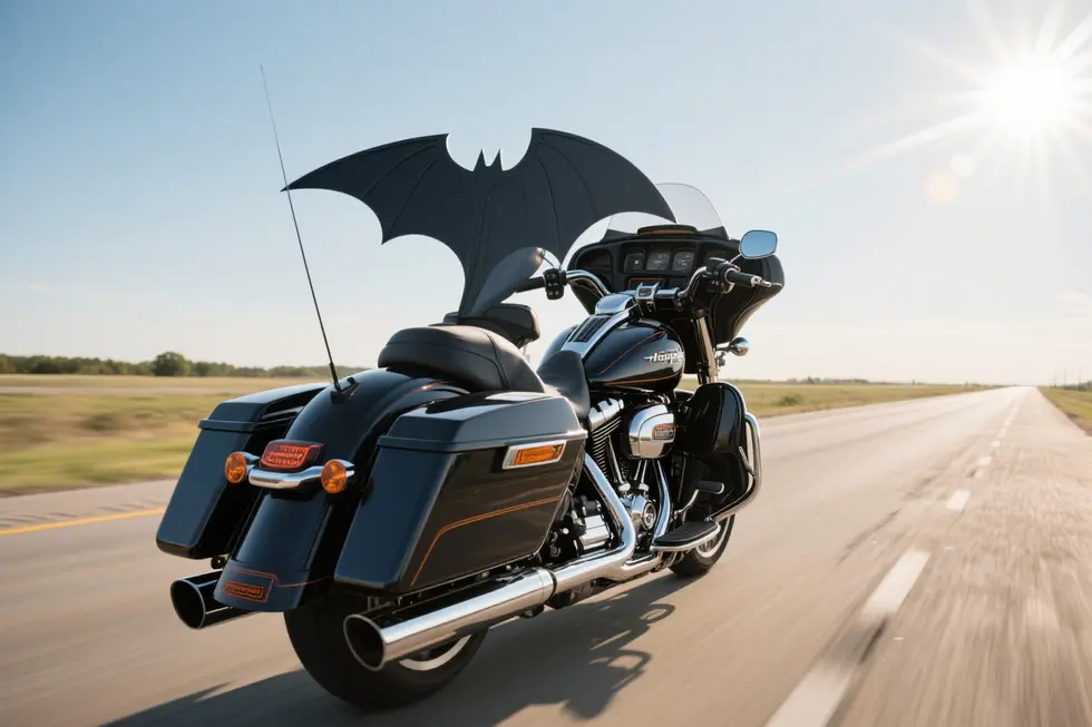 Harley-Davidson touring motorcycle with Hoppe batwing fairing on an open highway.