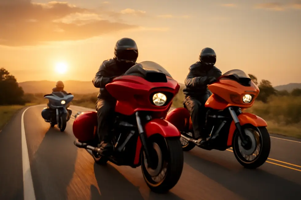 A scenic view of custom-faired motorcycles riding at sunset, representing the essence of freedom and personalized style offered by Kings Motorcycle Fairings.