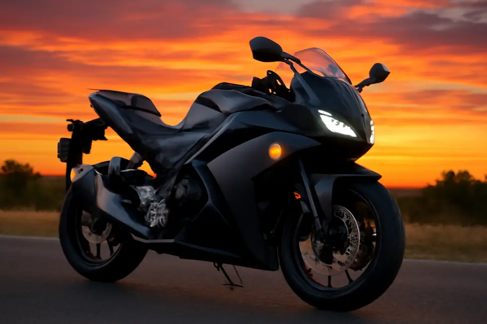 A stylish motorcycle with contemporary fairings set against a colorful sunset backdrop.