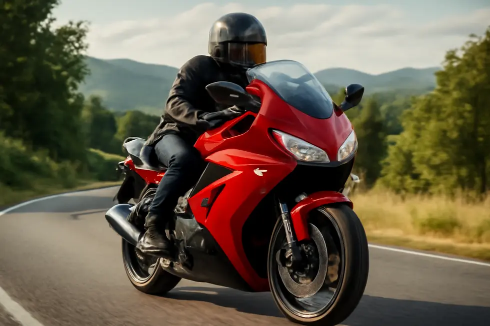 A motorcycle with an appealing fairing riding along a picturesque route, symbolizing aesthetics and performance.