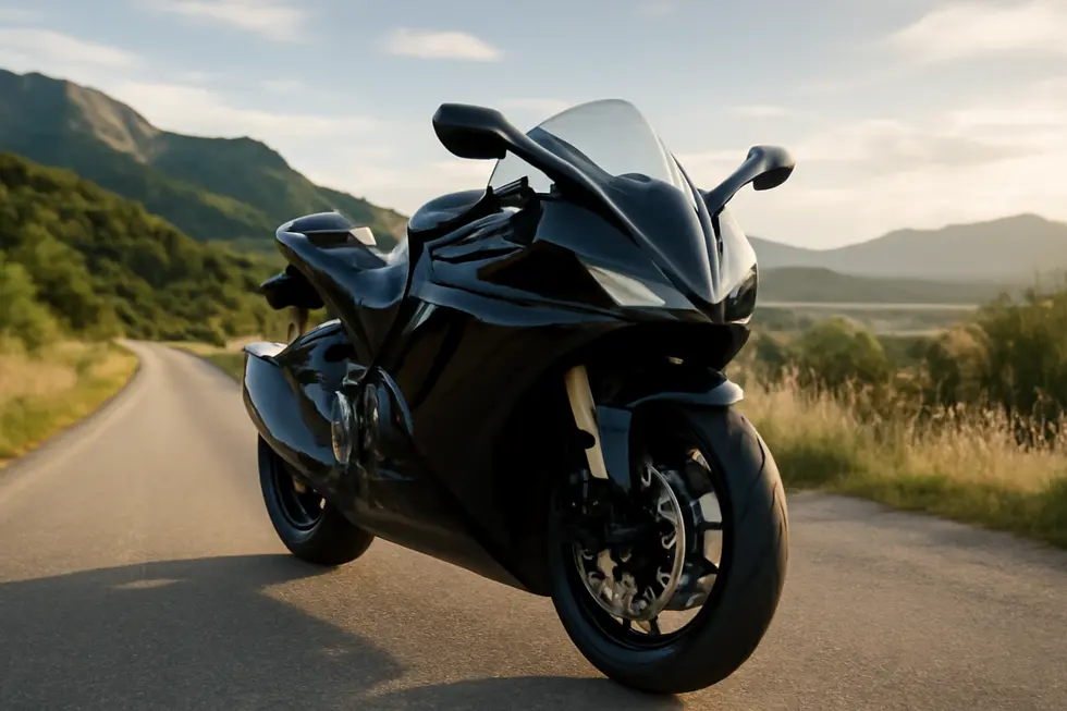 A motorcycle with a stylish fairing on a scenic road, symbolizing performance and aesthetic appeal.