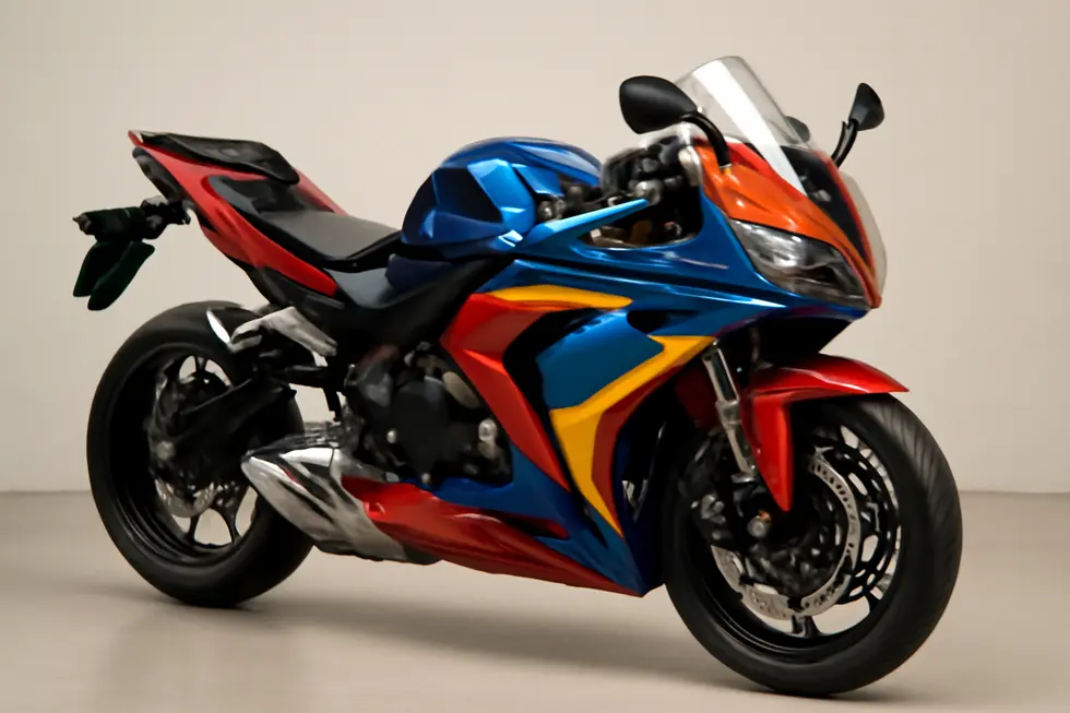 A motorcycle with vividly painted fairings, standing out with a high-gloss finish.