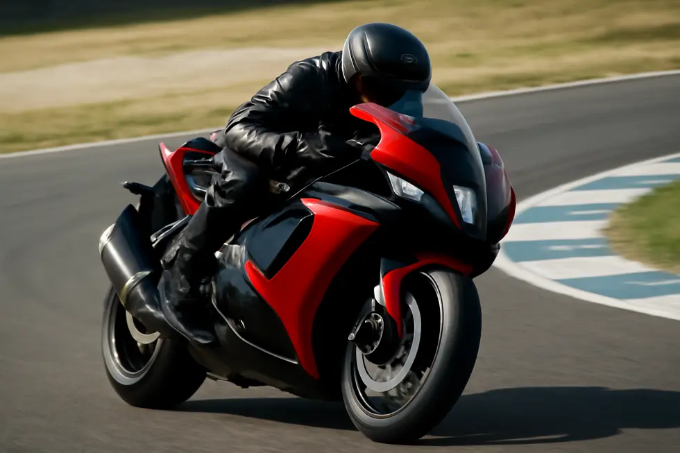 A motorcycle in motion on a racetrack, highlighting the importance of fairings in enhancing speed and aerodynamics.