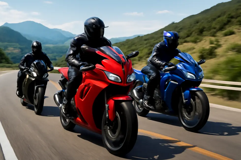 Motorcycles with different styles of fairings in action on a scenic highway, highlighting their aerodynamic features.