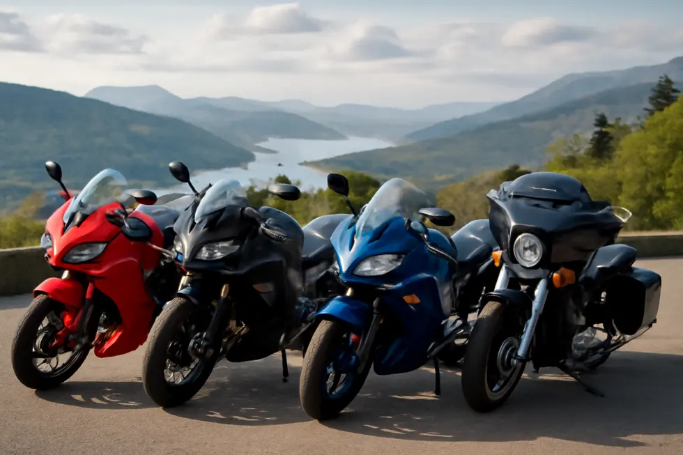 A group of motorcycles displaying a variety of fairings parked at an overlook with an expansive landscape in the background.