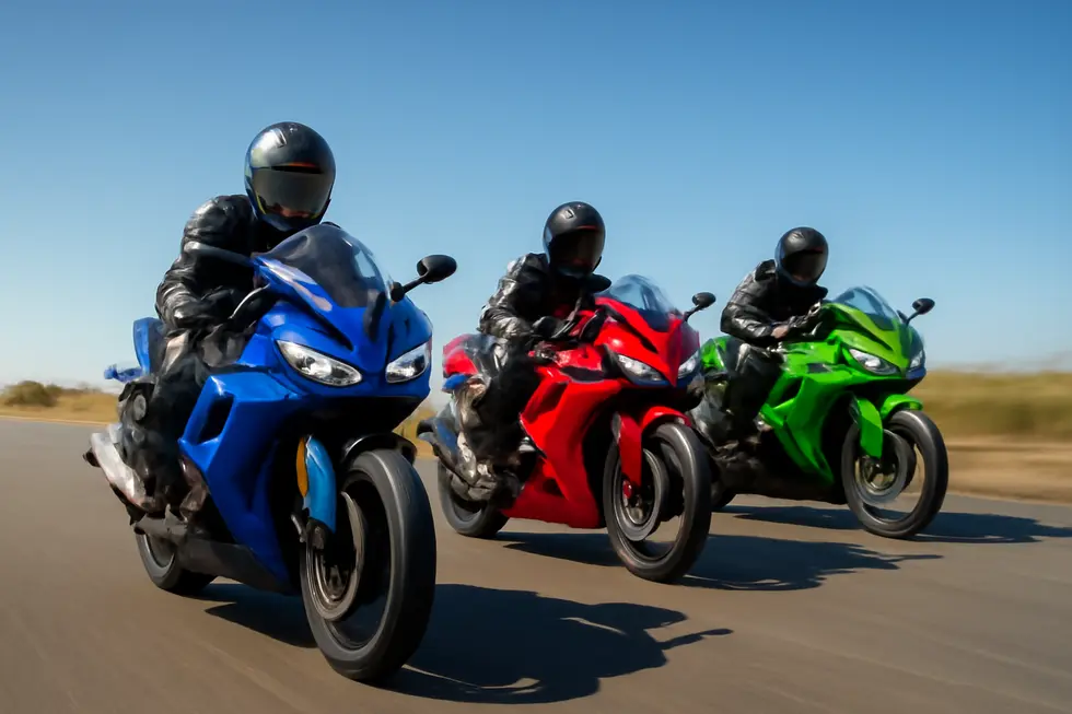 Multiple motorcycles enhanced with colorful fairings riding on an open road, representing the benefits of affordable motorcycle fairings.