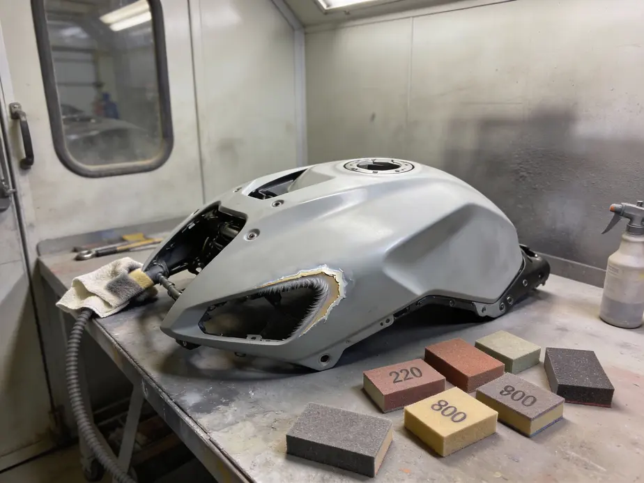 Technician performs thorough inspection and cleaning of a plastic fairing to identify scratches, cracks, and adhesion concerns before repaint.