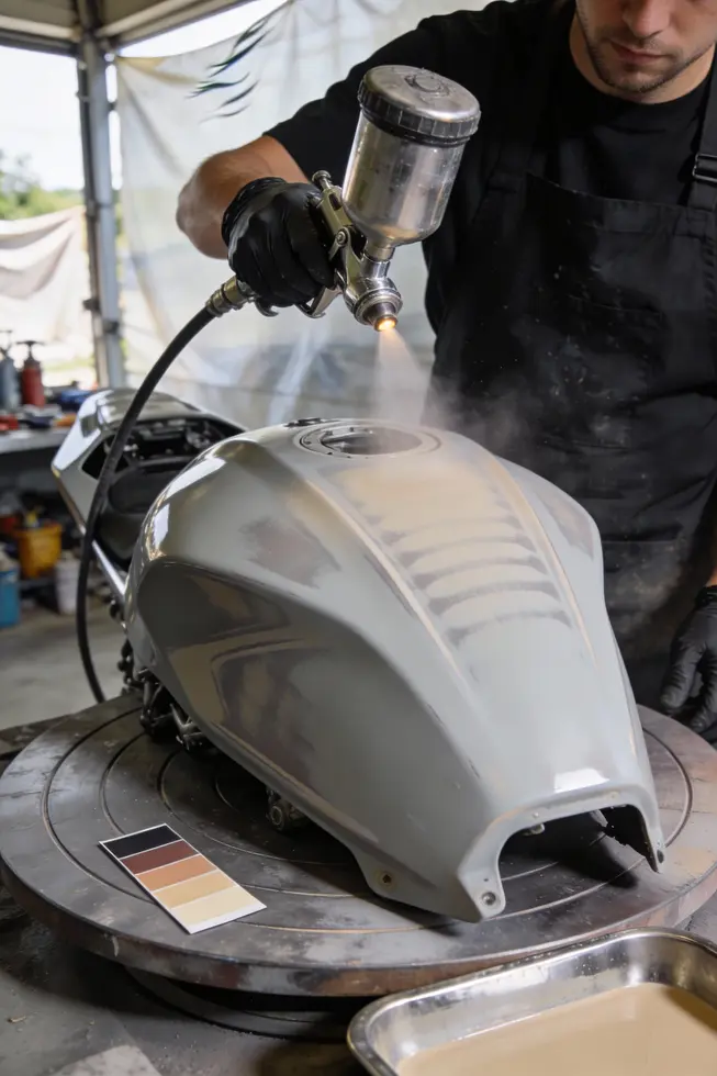 Tech preps off-bike fairings with proper surface filling and temperature control for an even coating.