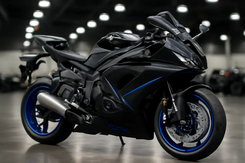 A Yamaha R6 motorcycle featuring aftermarket fairings, proudly displayed in a motorcycle showroom.