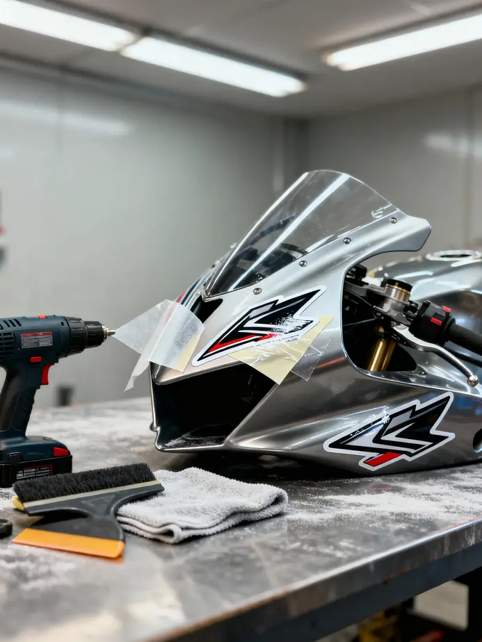 A selection of pre-made and custom motorcycle fairing decals, highlighting diversity in design and branding.