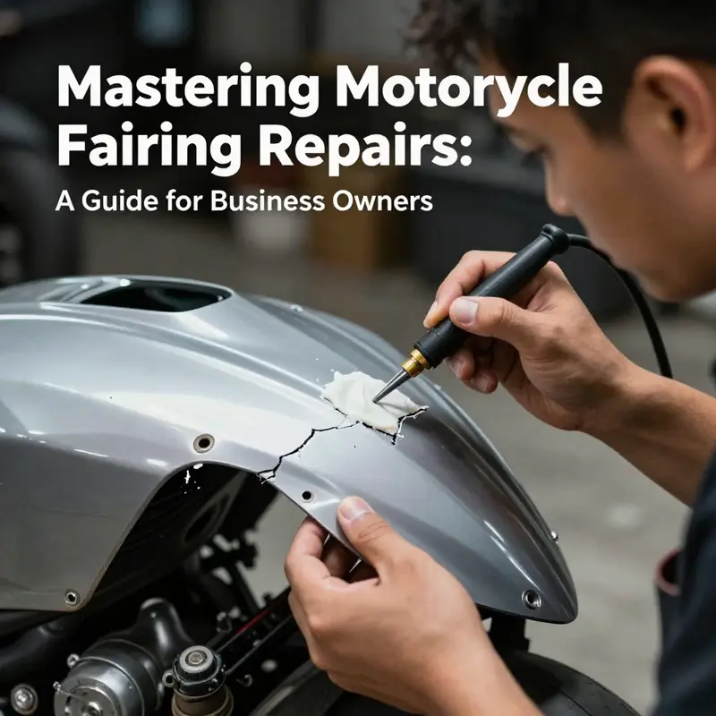Mechanic assessing damage on a motorcycle fairing to determine repair needs.