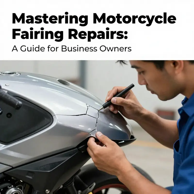 Mechanic assessing damage on a motorcycle fairing to determine repair needs.