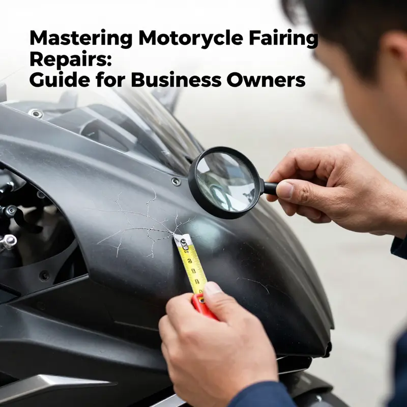 A mechanic performs a close inspection of a motorcycle fairing to determine the extent of the damage for repairs.