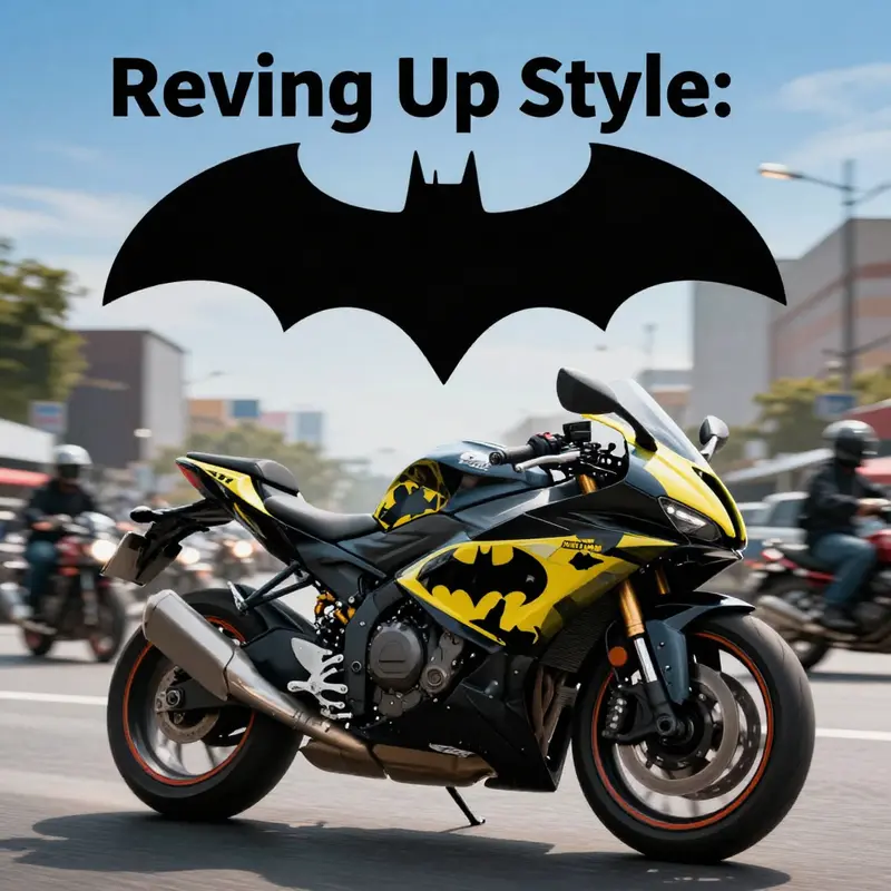 Motorcycle with Batman fairings riding through a bustling cityscape under a stylized bat symbol.