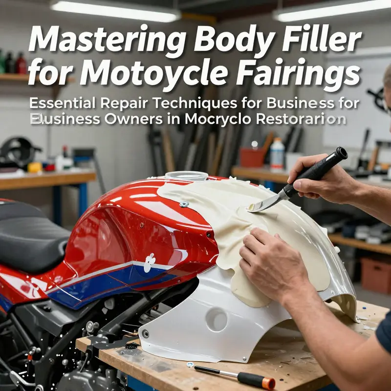 A vibrant repair workshop showcasing motorcycle fairings at different stages of body filler application.