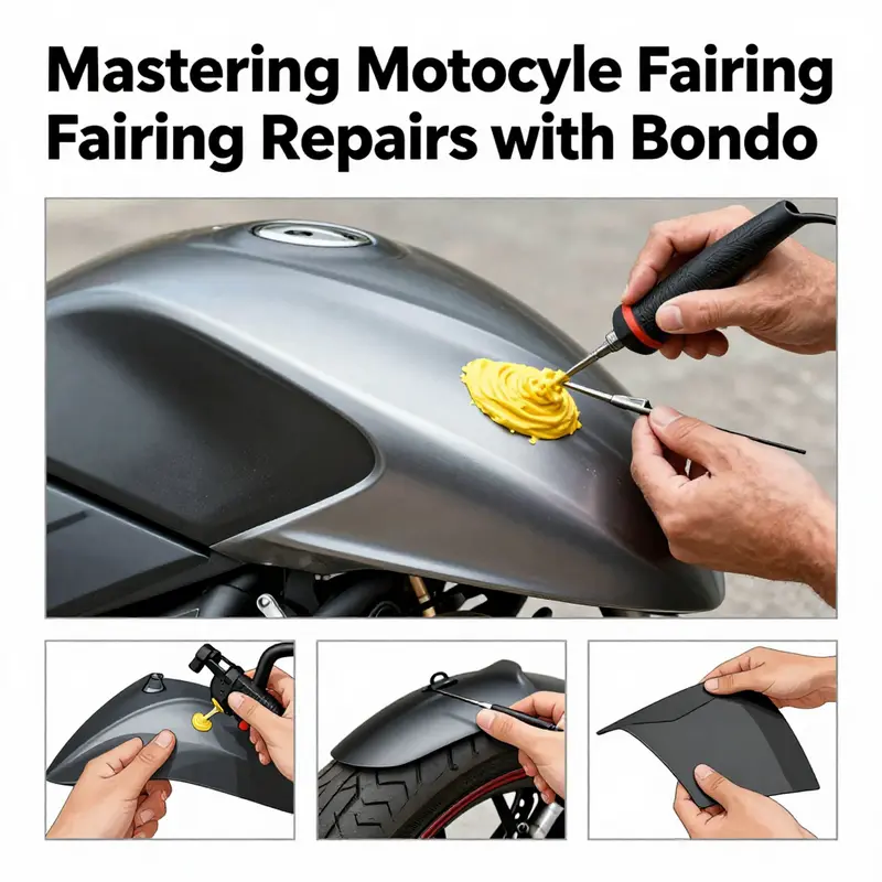 Step-by-step application of Bondo on a motorcycle fairing, demonstrating the repair process.