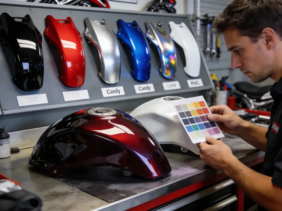 Color and finish options laid out for fairing paint decisions in a business-focused shop.