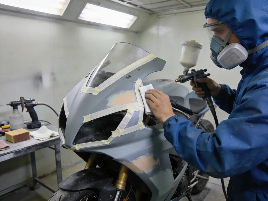 Color and finish options laid out for fairing paint decisions in a business-focused shop.