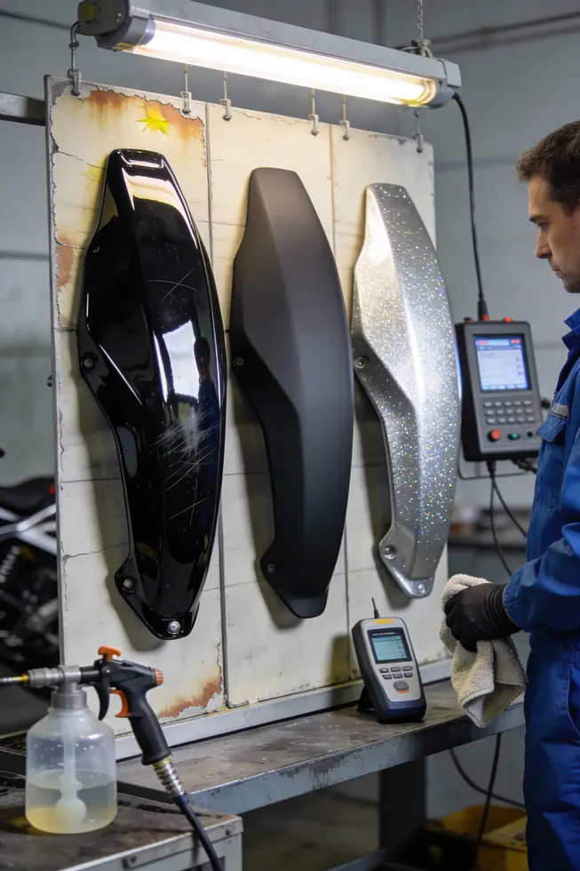 Color and finish options laid out for fairing paint decisions in a business-focused shop.