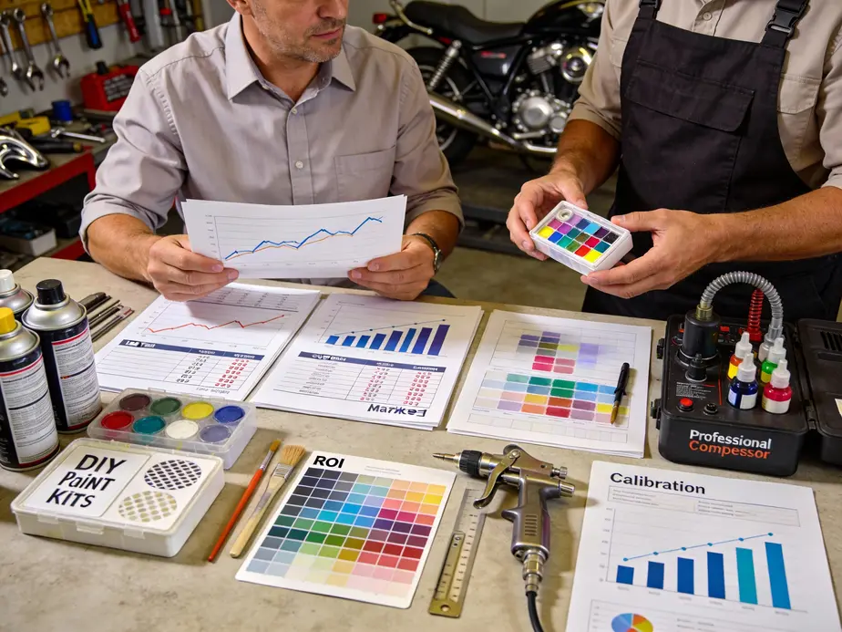 Color and finish options laid out for fairing paint decisions in a business-focused shop.