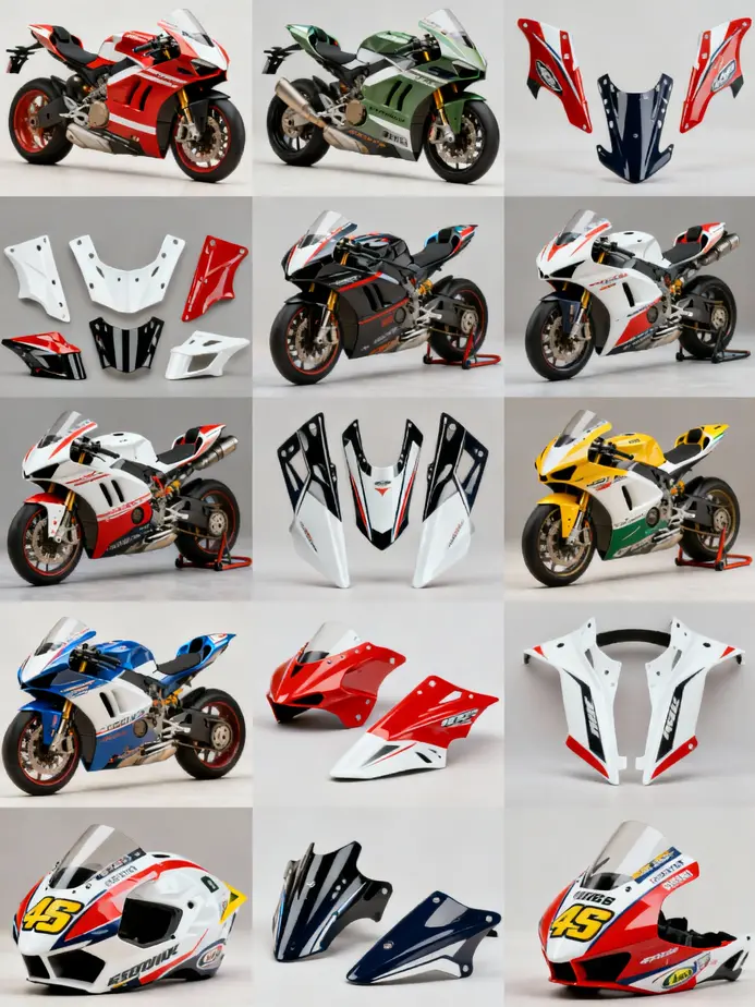An array of common motorcycle fairings displays the diversity in style and function available for riders.