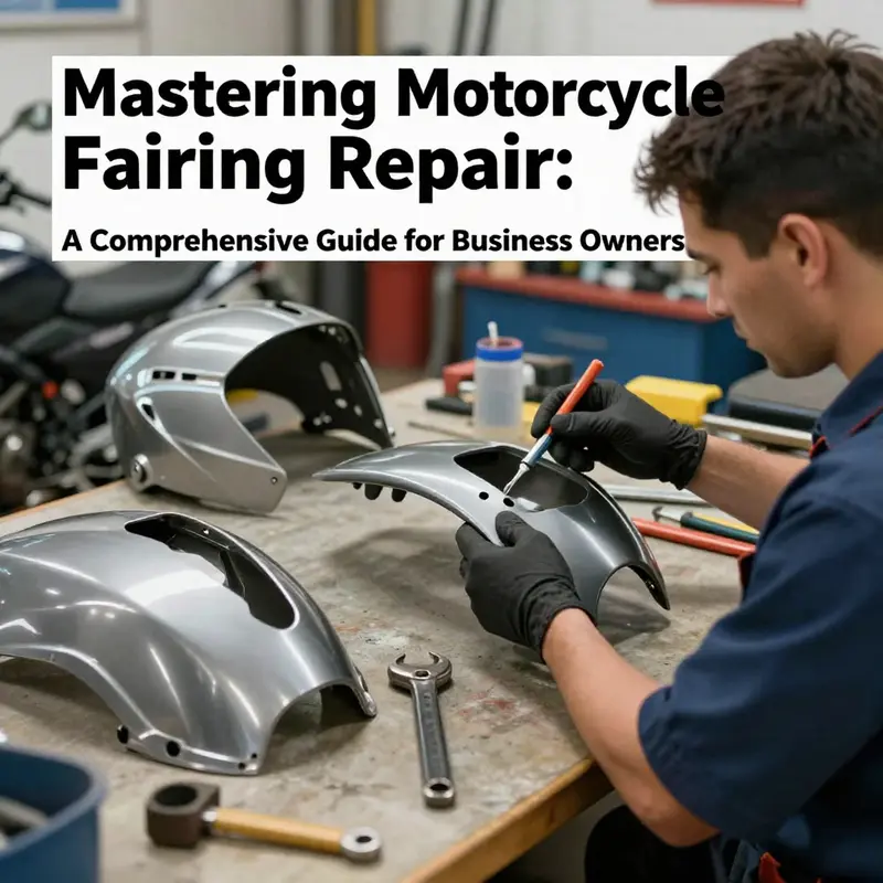 A visually engaging cover image showcasing motorcycle fairings, repair tools, and a technician at work.