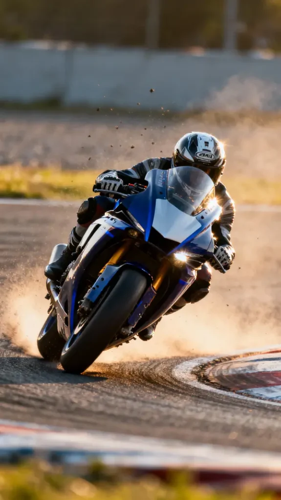 A dynamic full fairing motorcycle in motion on a race track.